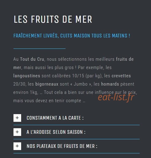 Carte et menu de Le Tout du Cru à La Rochelle — Les fruits de mer