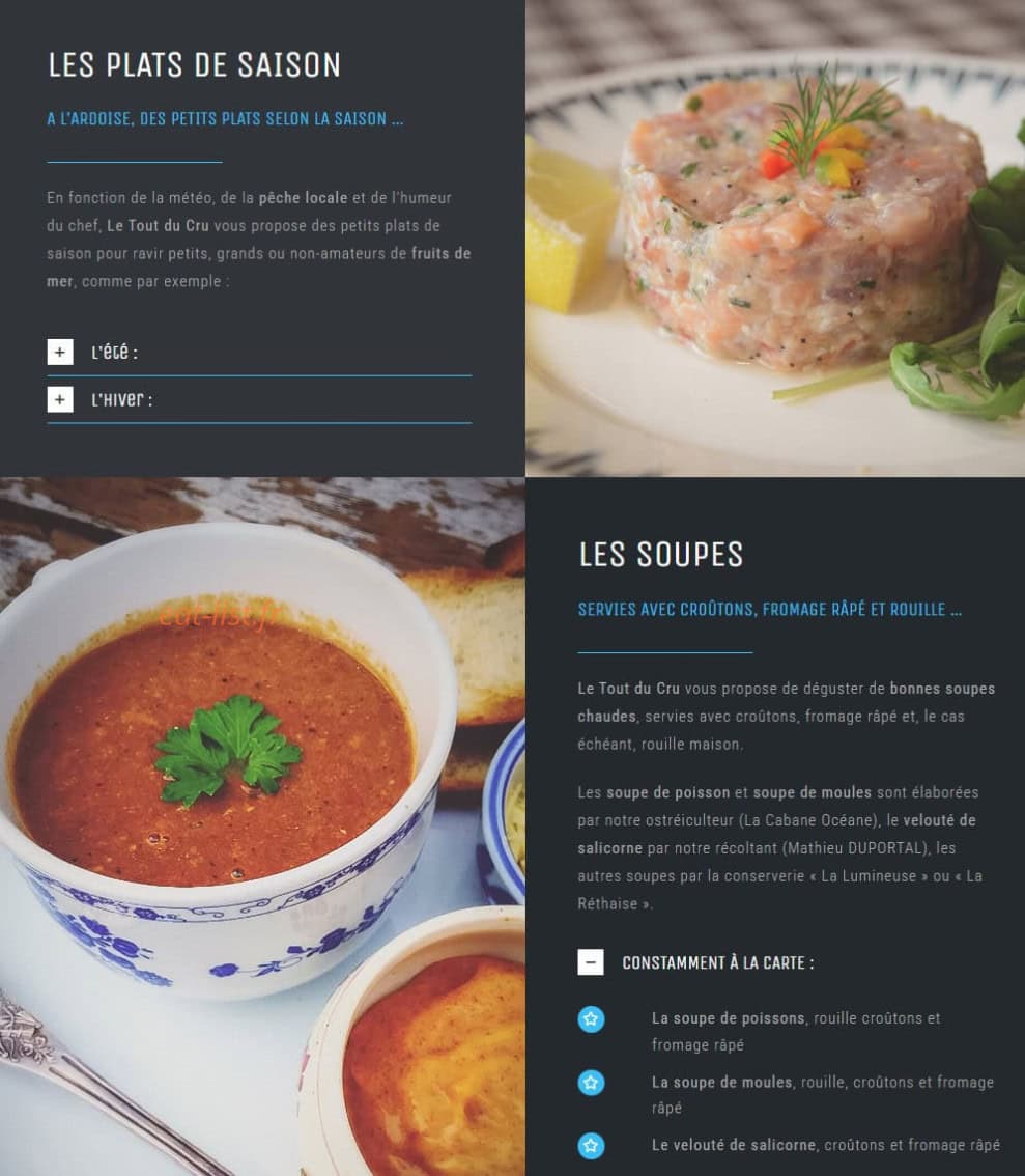 Carte et menu de Le Tout du Cru à La Rochelle — Les plats de saison et soupes