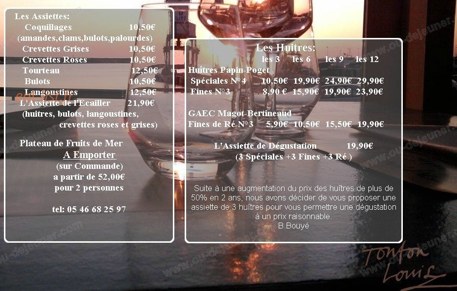 Carte et menu de Tonton Louis à La Rochelle — Les fruits de mer