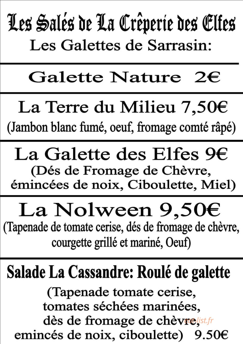 Crêperie des Elfes — carte page 1