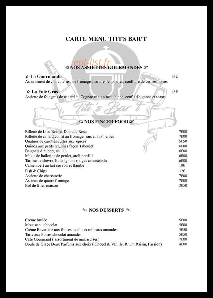 Titi's Bar — carte page 1