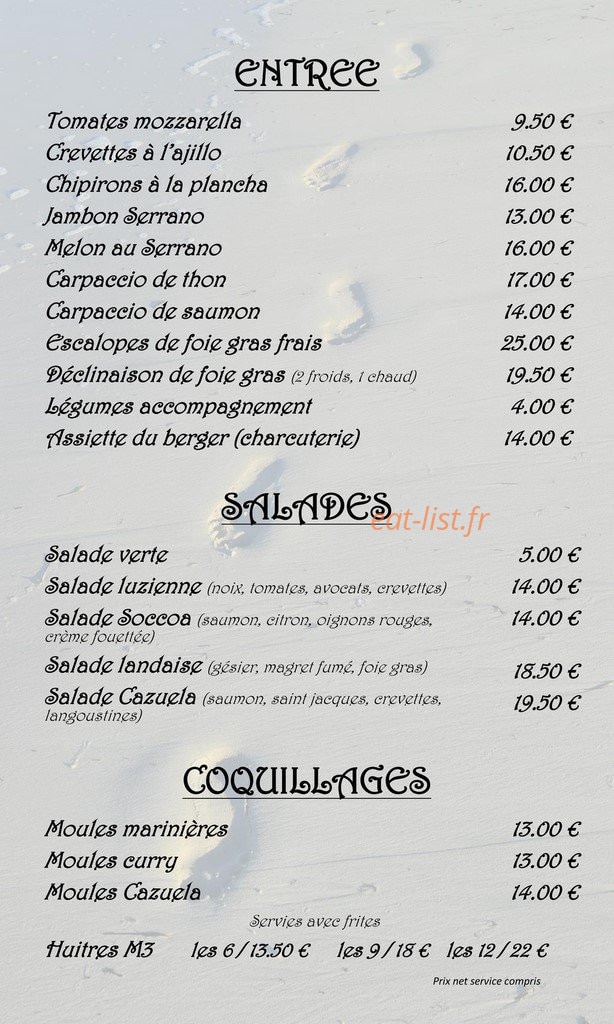 Carte et menu de La Cazuela à Saint Georges de Didonne — Entrées, salades, coquillages