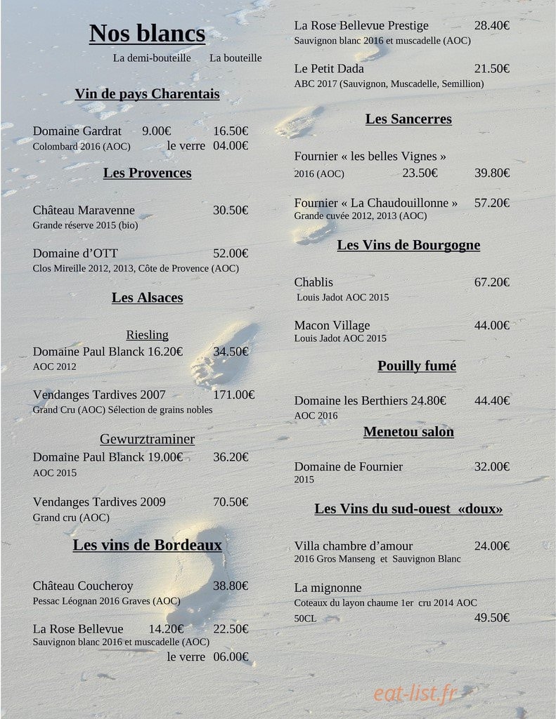 Carte et menu de La Cazuela à Saint Georges de Didonne — Vins blancs