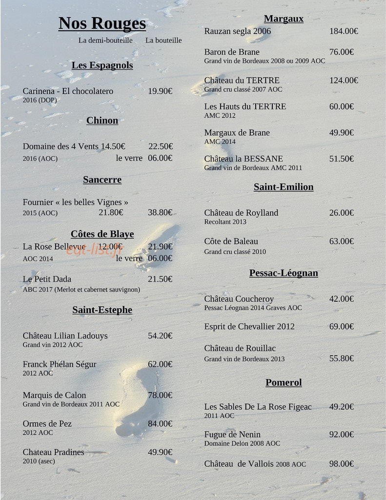 Carte et menu de La Cazuela à Saint Georges de Didonne — Vins rouges