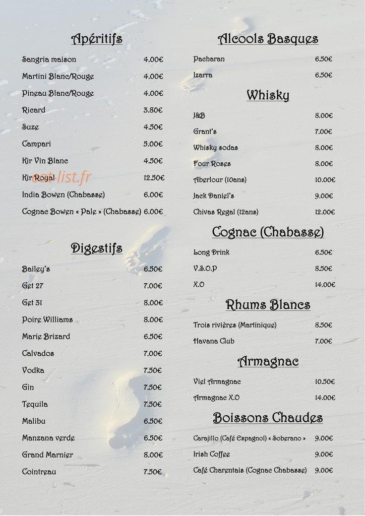 Carte et menu de La Cazuela à Saint Georges de Didonne — Apéritifs, digestifs, alcools basques,...