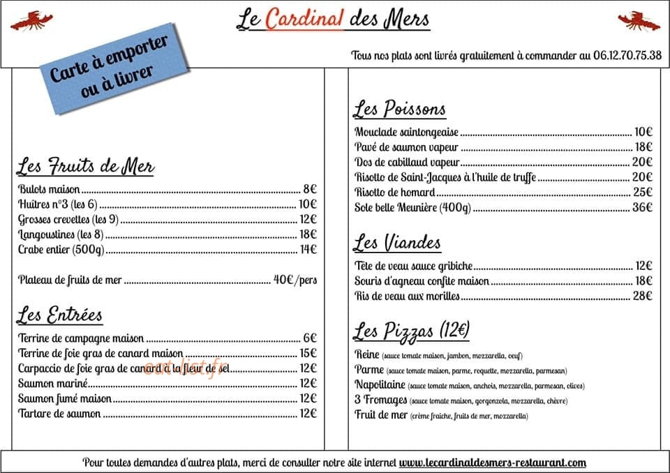 Carte et menu de Le Cardinal des Mers à Saint Georges de Didonne — Les pizzas, poissons, viandes,....