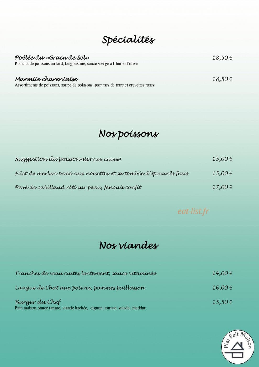 Carte et menu de O Grain de Sel à Saint Georges de Didonne — Spécialités, poissons et viandes