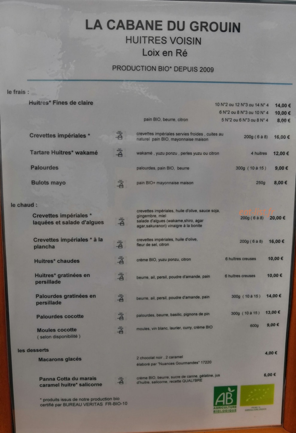 Carte et menu de La Cabane du Grouin à Loix — La carte