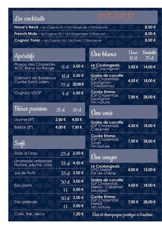 Carte et menu de Aux claires du Grand Téger à Mornac sur Seudre — Les boissons