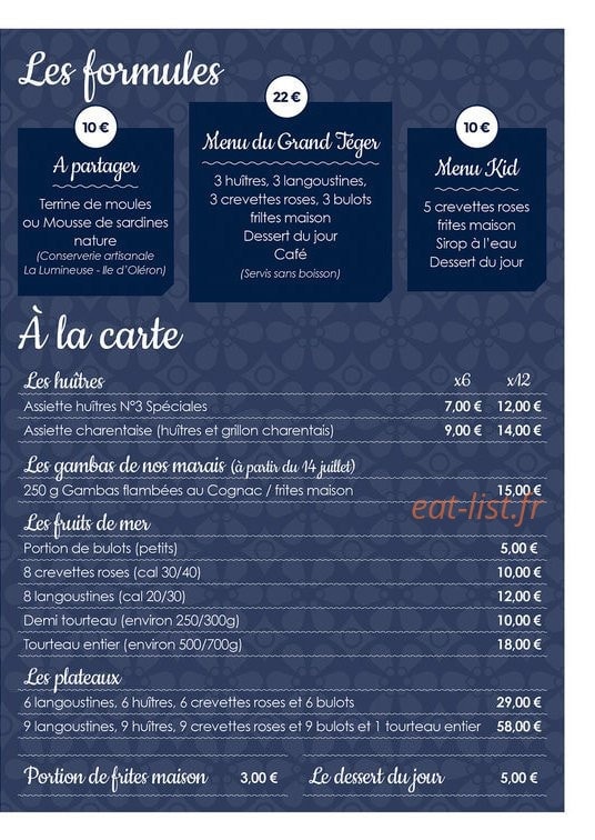 Carte et menu de Aux claires du Grand Téger à Mornac sur Seudre — Les formules et plats