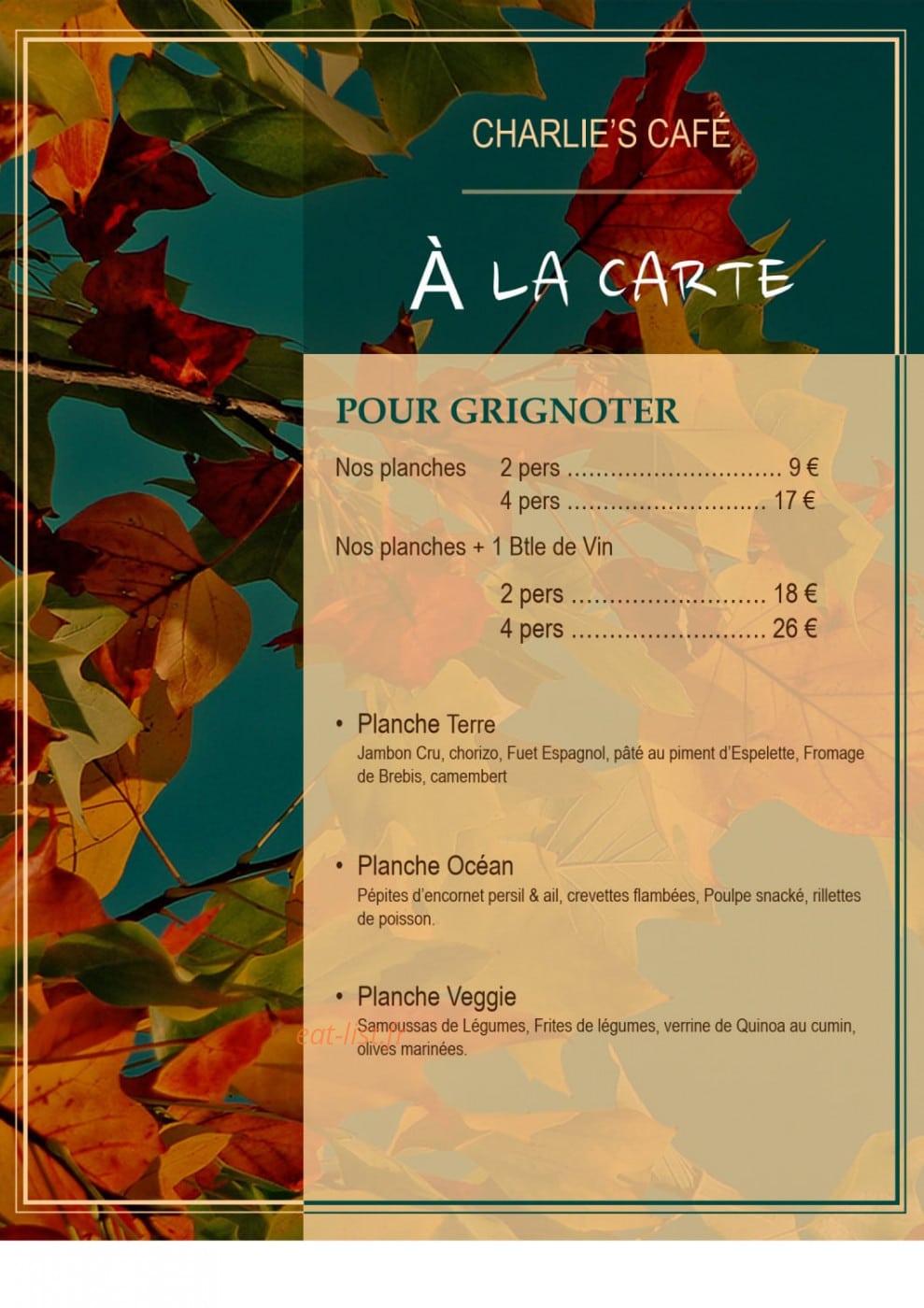 Charlie's Café — carte page 1