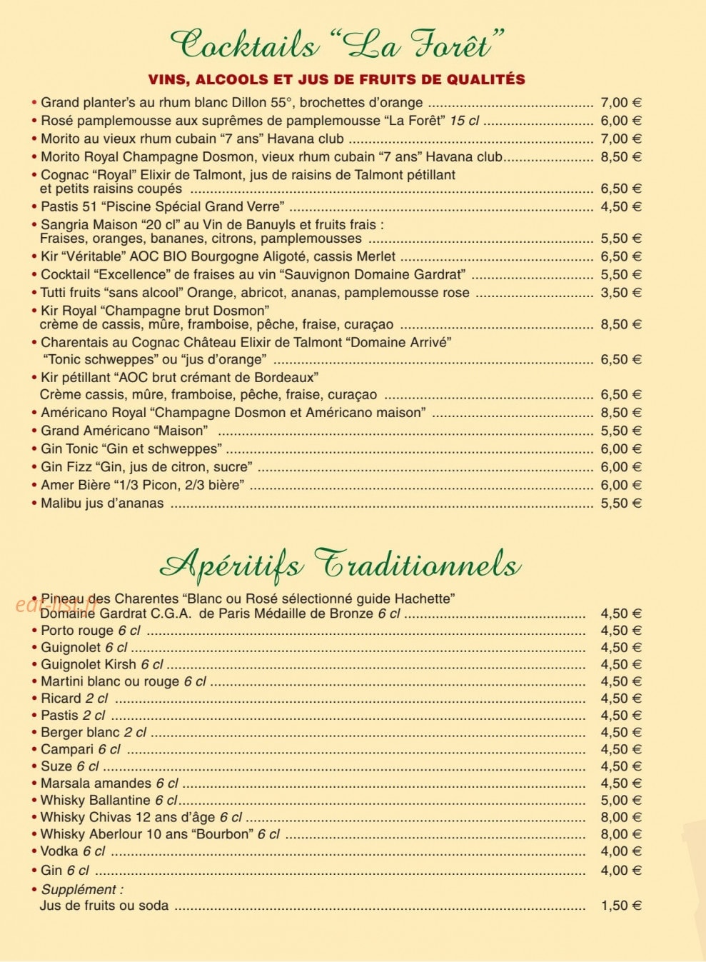Carte et menu de La Forêt à Meschers sur Gironde — Cocktails et apéritifs