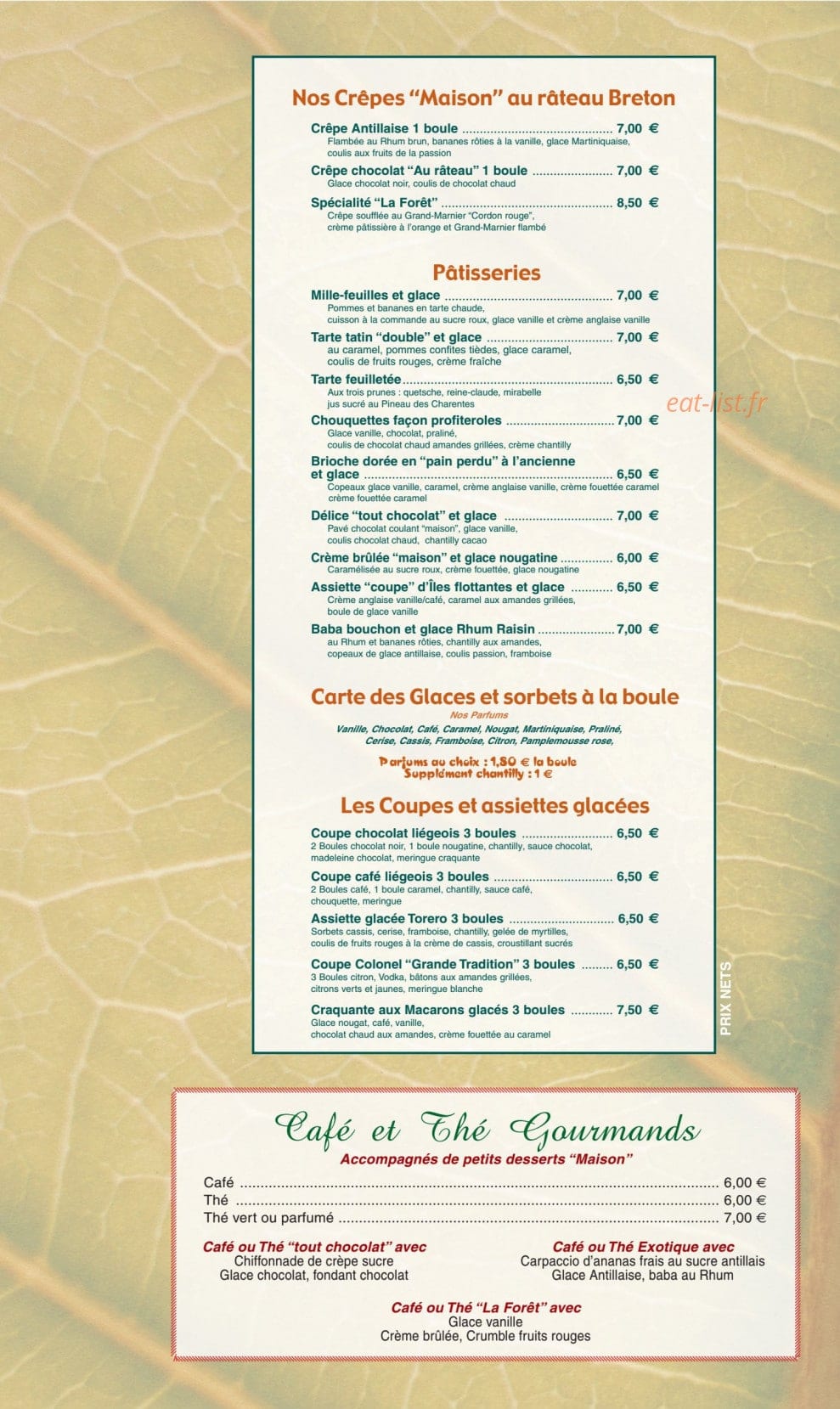 Carte et menu de La Forêt à Meschers sur Gironde — Crêpes, pâtisseries, glaces,...