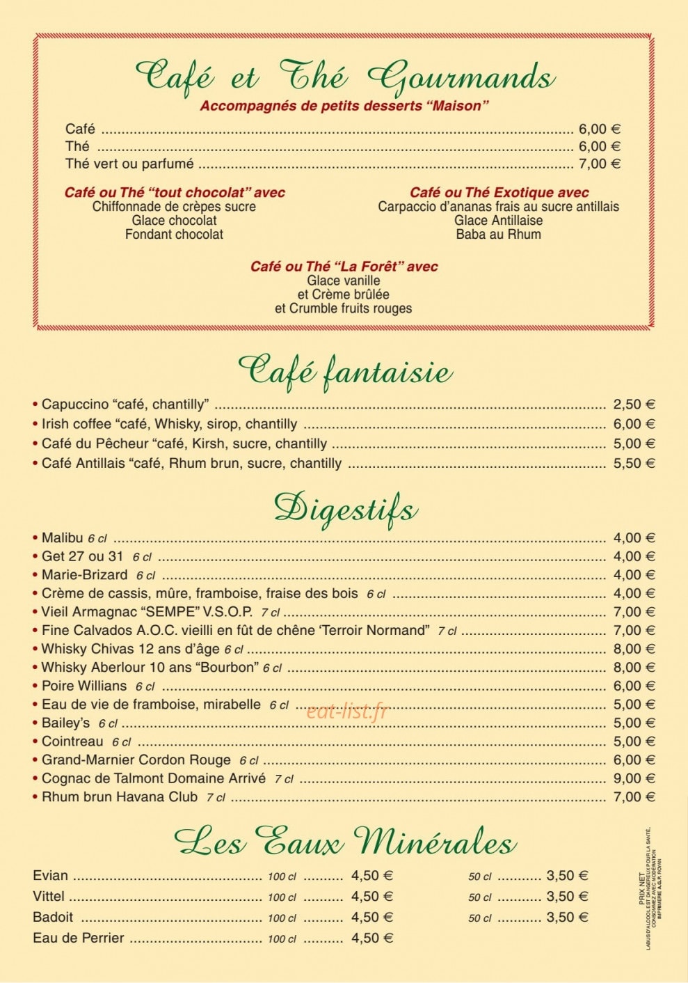 Carte et menu de La Forêt à Meschers sur Gironde — Café, thé, digestifs,...