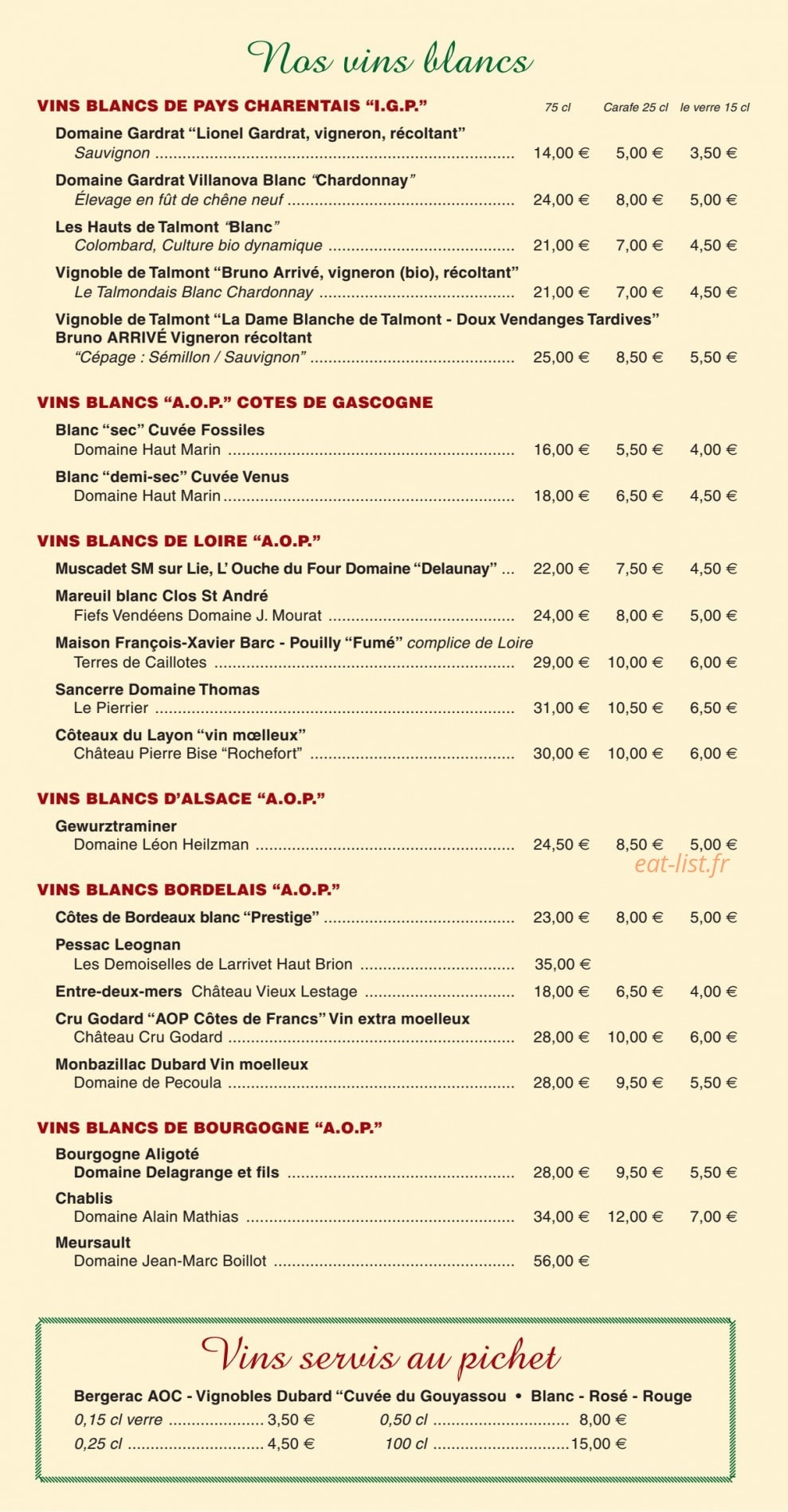 Carte et menu de La Forêt à Meschers sur Gironde — Vins blancs
