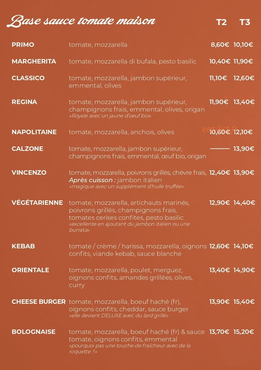 Carte et menu de Vincenzo Pizza à Esnandes — Les pizzas base sauce tomate