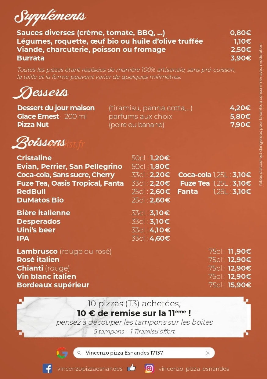 Carte et menu de Vincenzo Pizza à Esnandes — Les desserts, boissons, ...