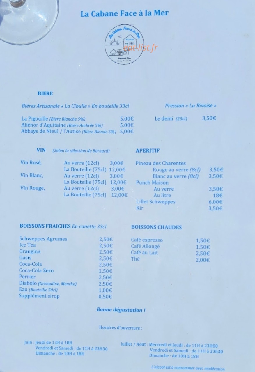 Carte et menu de La Cabane face à la Mer à Marsilly — Les boissons