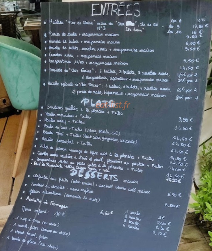 Carte et menu de Chez Karine à Nieul sur Mer — L'ardoise