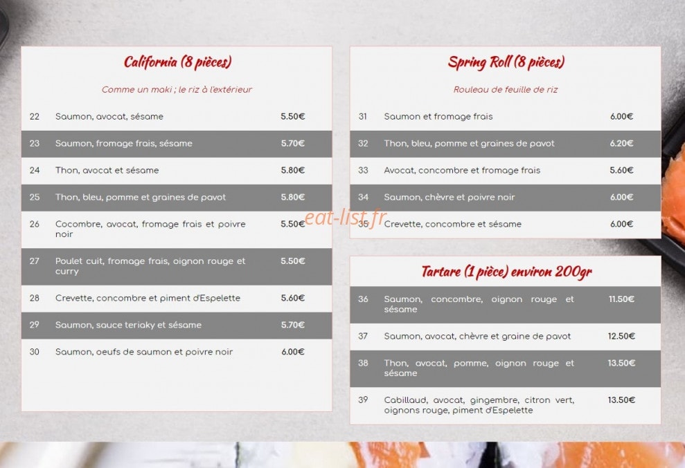 Carte et menu de Sushi Village à Nieul sur Mer — California, spring roll et tartare