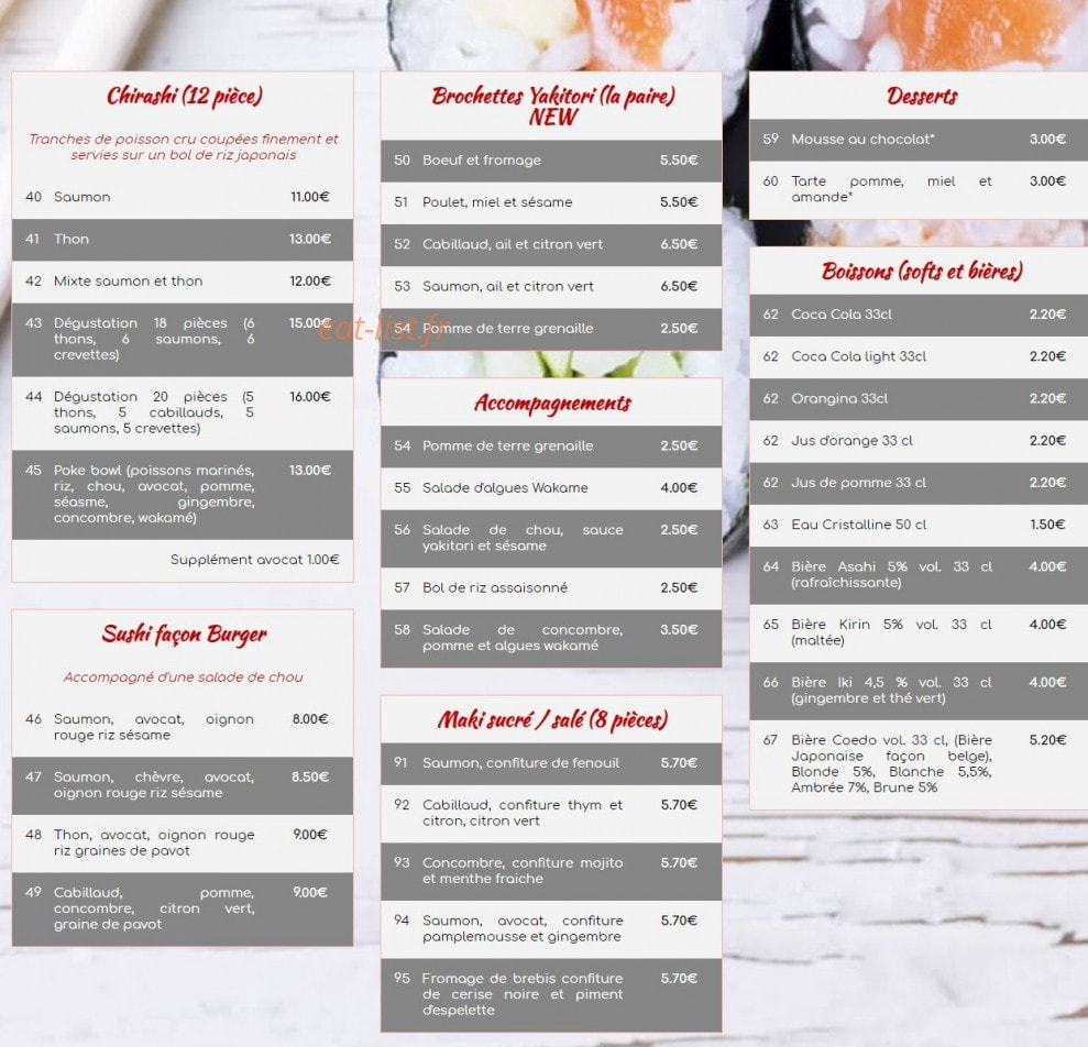 Carte et menu de Sushi Village à Nieul sur Mer — Chirashi, brochettes yakitori, desserts,...