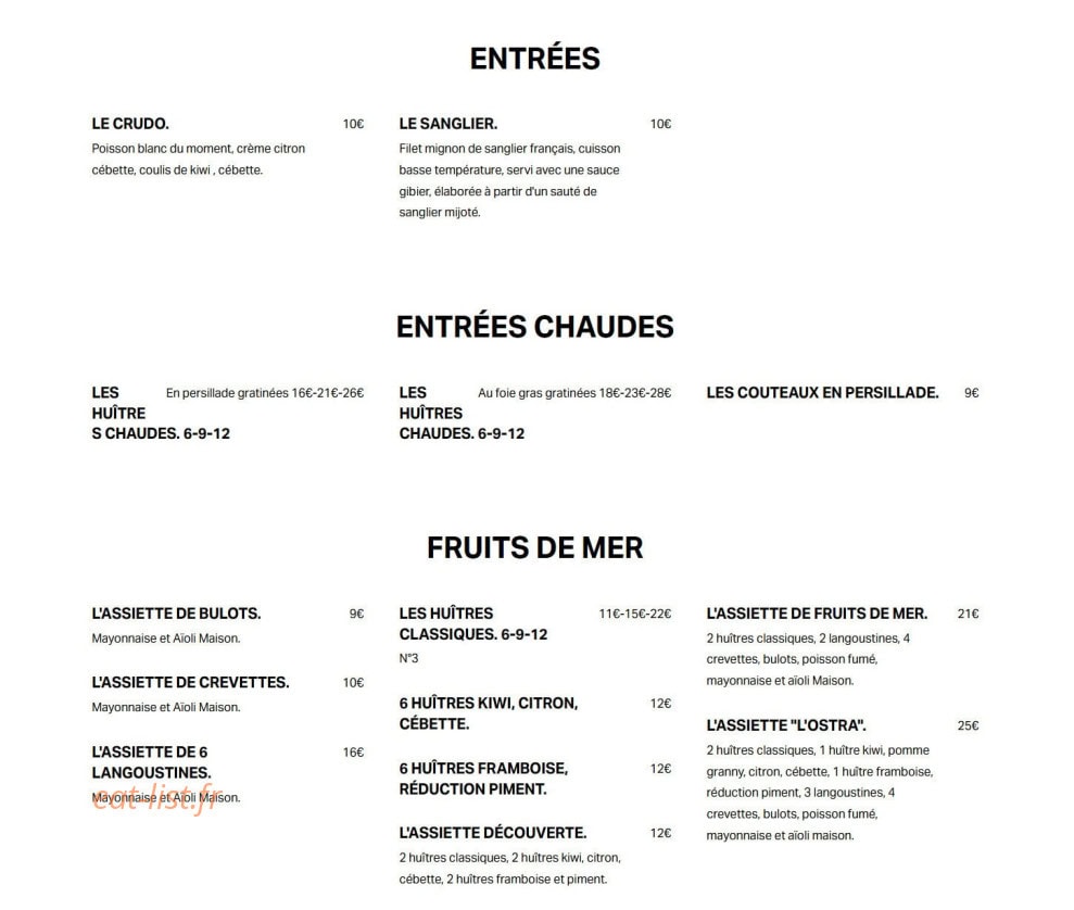 Carte et menu de L'Ostra à Saint Georges d'Oleron — Entrées, fruits de mer
