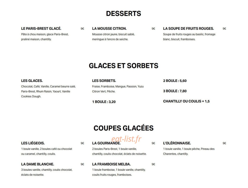 Carte et menu de L'Ostra à Saint Georges d'Oleron — Desserts, glaces et sorbets, coupes glacées