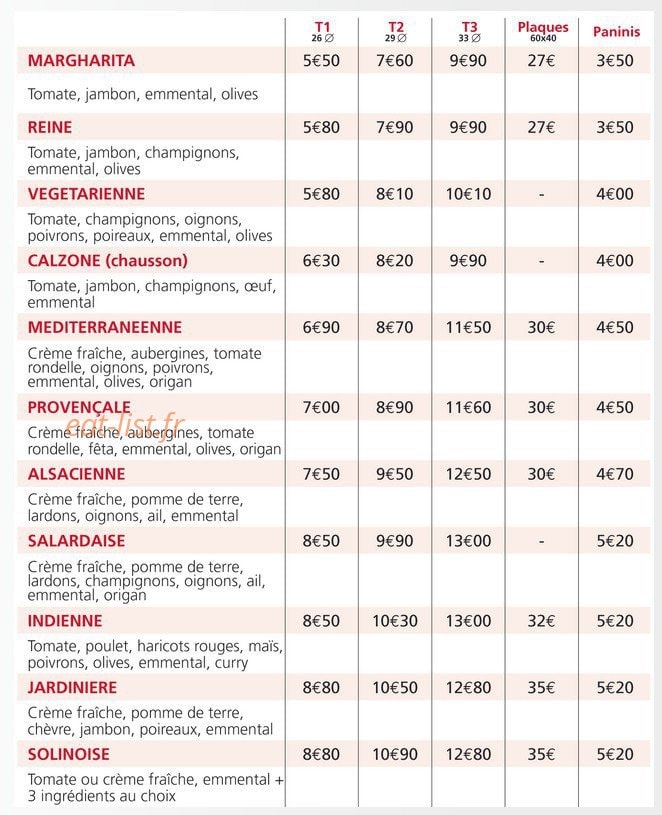 La Pizza Solinoise — carte page 1