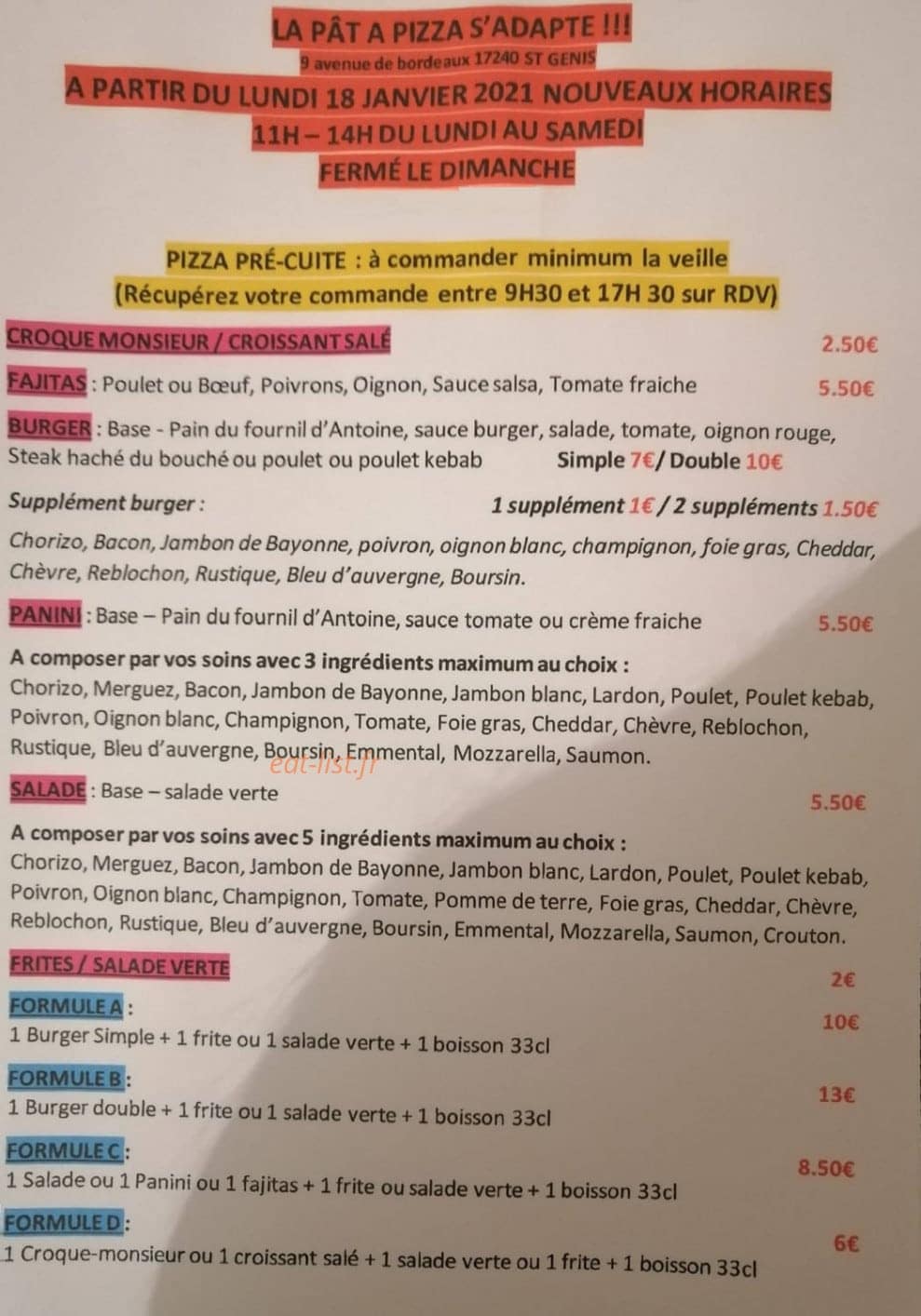 La pât' à pizza — carte page 1
