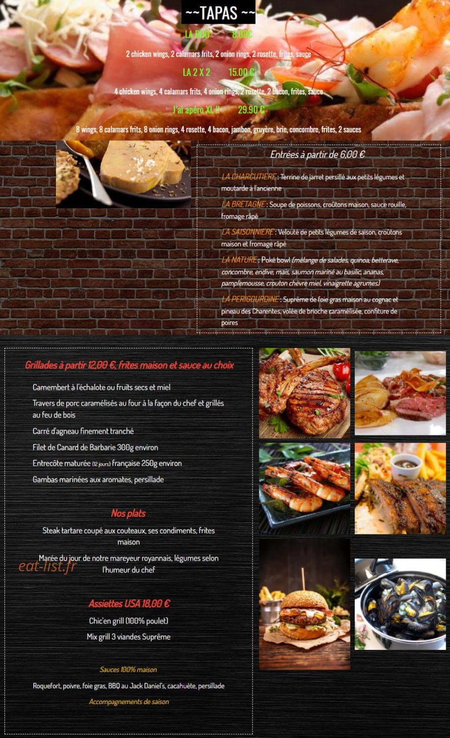 Carte et menu de Route 137 à Saint Genis de Saintonge — Les tapas, entrées et grillades,..