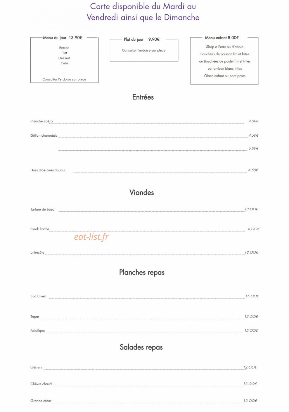 Auberge du Lac — carte page 1