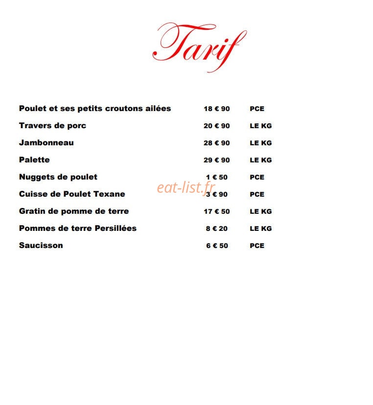 Carte et menu de Au Bon Poulet à Aigrefeuille d'Aunis — Le tarif