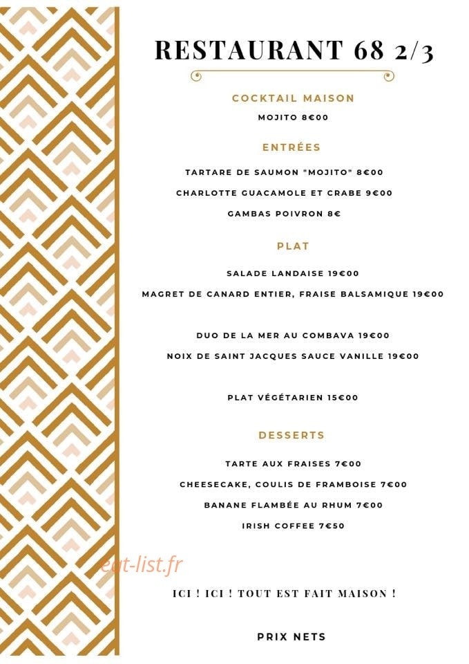 68 2/3 Restaurant — carte page 1