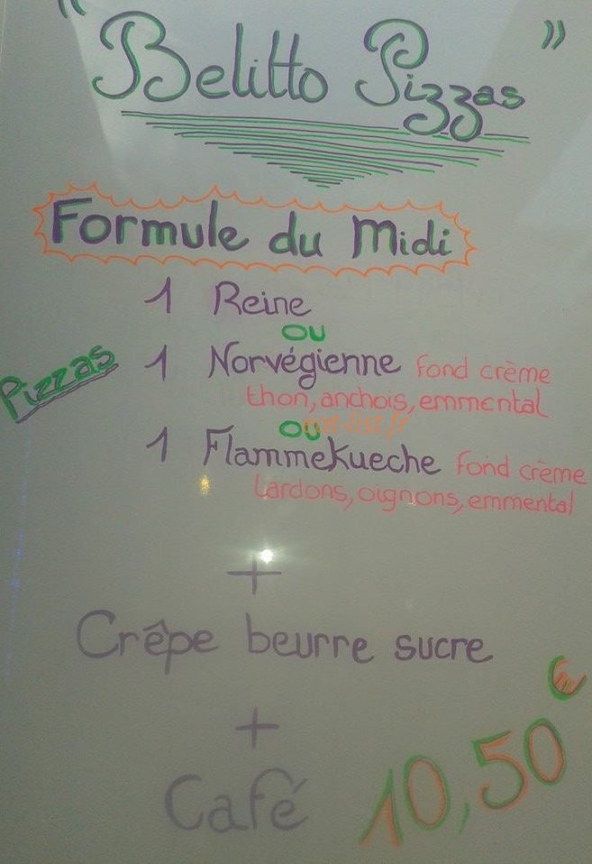 Belitto Pizzas — carte page 1