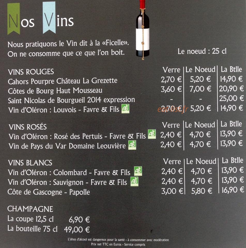 Carte et menu de La camaraderie à Saint Pierre d'Oleron — Vins