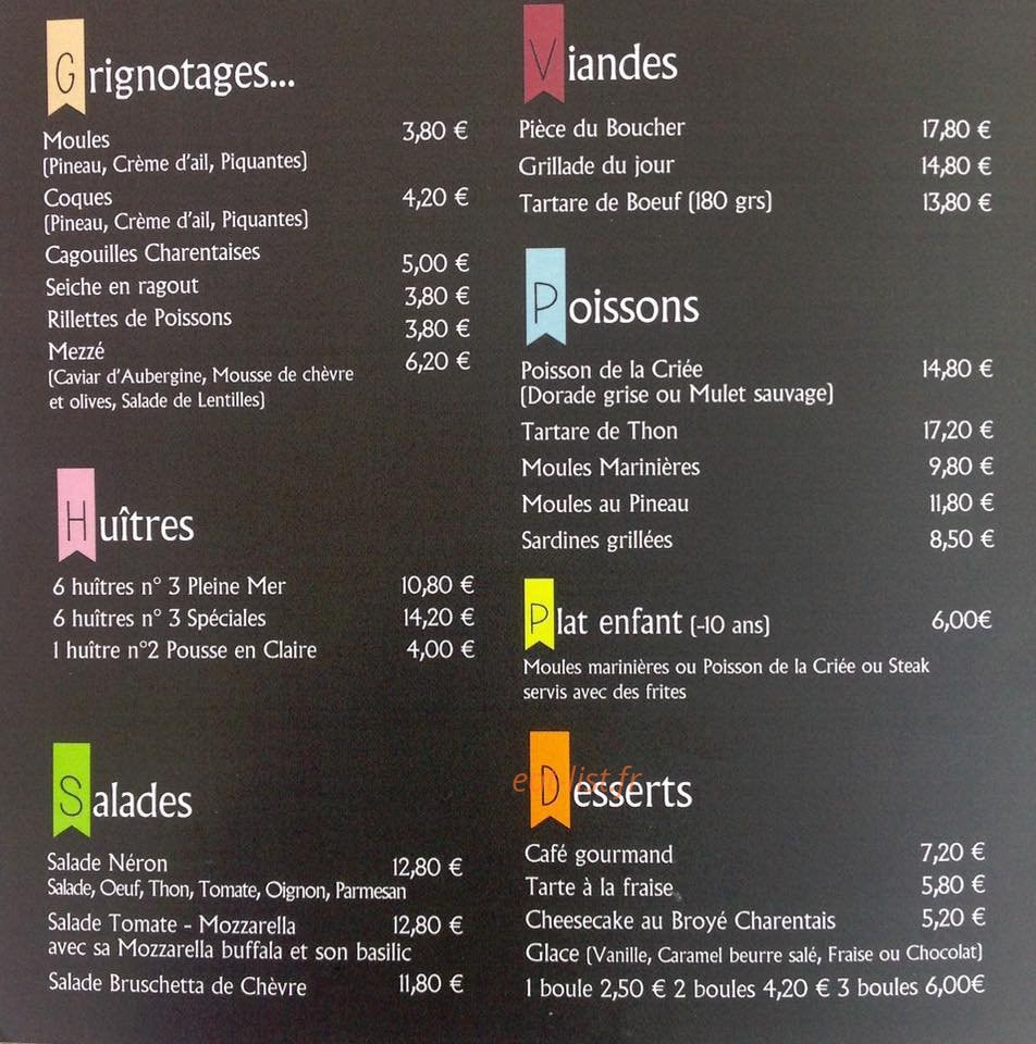 Carte et menu de La camaraderie à Saint Pierre d'Oleron — Grignotages, huîtres, salades,...
