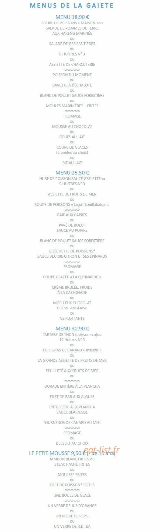 Carte et menu de La Gaieté à Saint Pierre d'Oleron — Menus