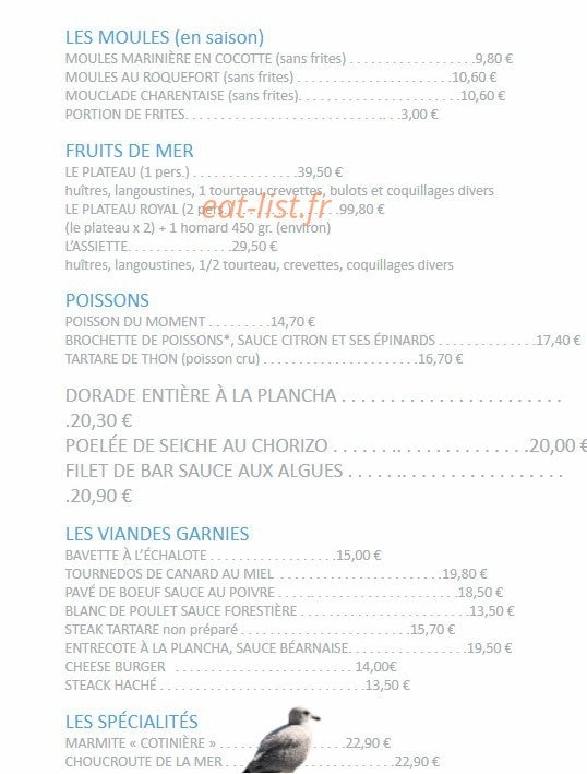 Carte et menu de La Gaieté à Saint Pierre d'Oleron — Plats