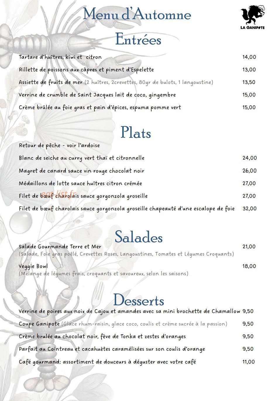 Carte et menu de La Ganipote à Saint Pierre d'Oleron — Les menus