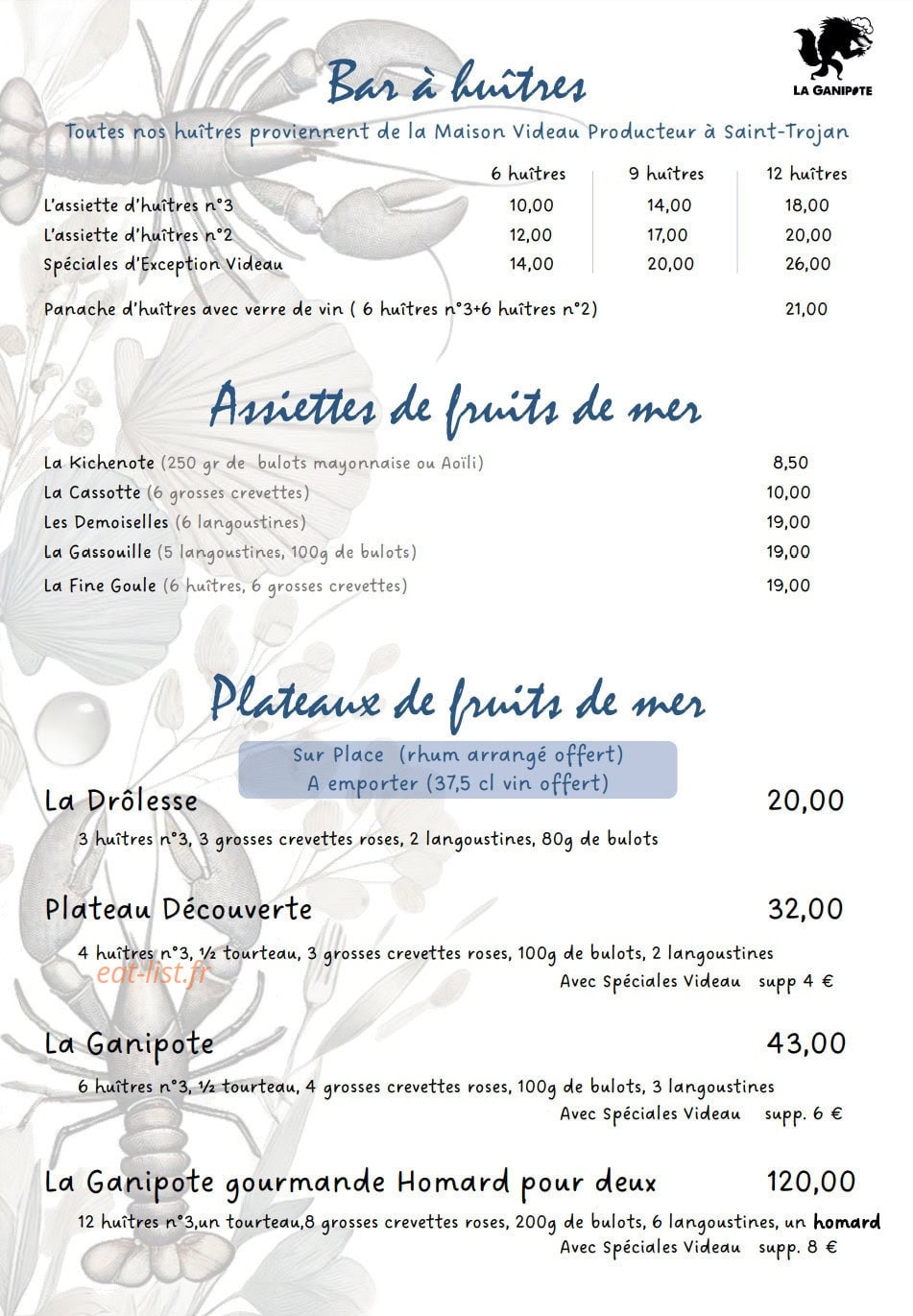 Carte et menu de La Ganipote à Saint Pierre d'Oleron — Bar à huîtres, assiettes de fruits de mer et plateaux de fruits de mer