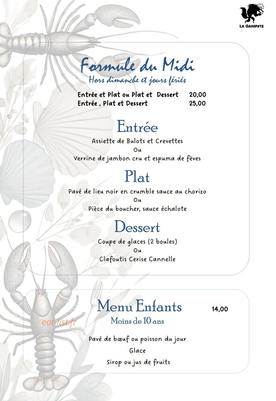 Carte et menu de La Ganipote à Saint Pierre d'Oleron — Les formules et menu enfants