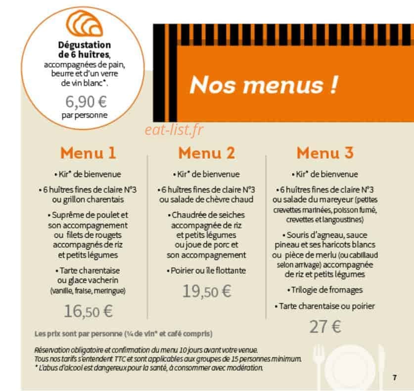 Carte et menu de Cité de l'Huître à Marennes-Hiers-Brouage  — Menus groupes