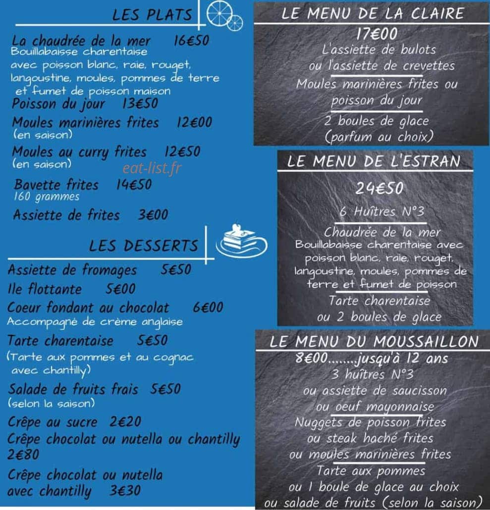Carte et menu de Cité de l'Huître à Marennes-Hiers-Brouage  — Plats, desserts et menus