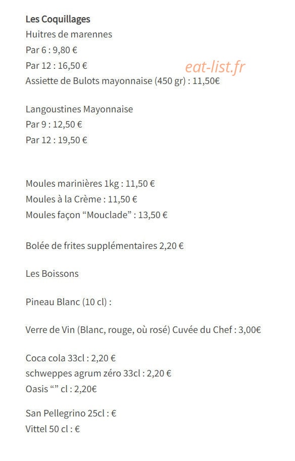 Carte et menu de L' Atelier des Gourmets à Marennes-Hiers-Brouage  — Les coquillages et boissons