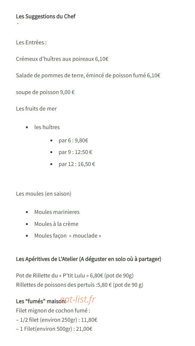 Carte et menu de L' Atelier des Gourmets à Marennes-Hiers-Brouage  — Les suggestions, apéritives et les fumés maison