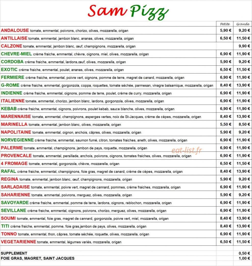 Sam pizz — carte page 1