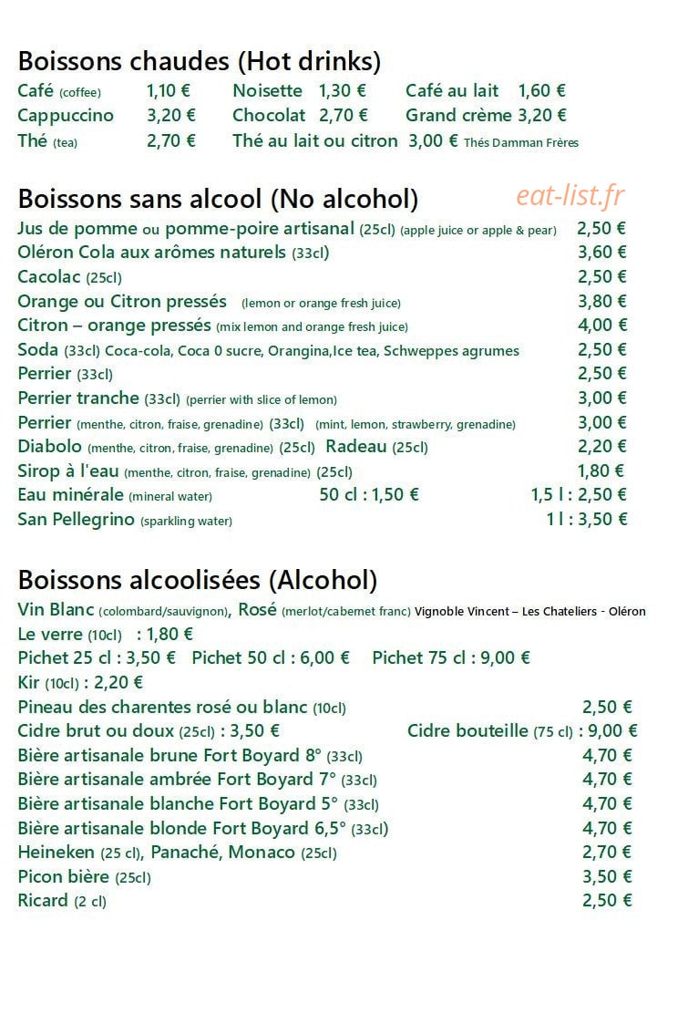 Carte et menu de La Langrotte à Le Grand Village Plage — Les boissons