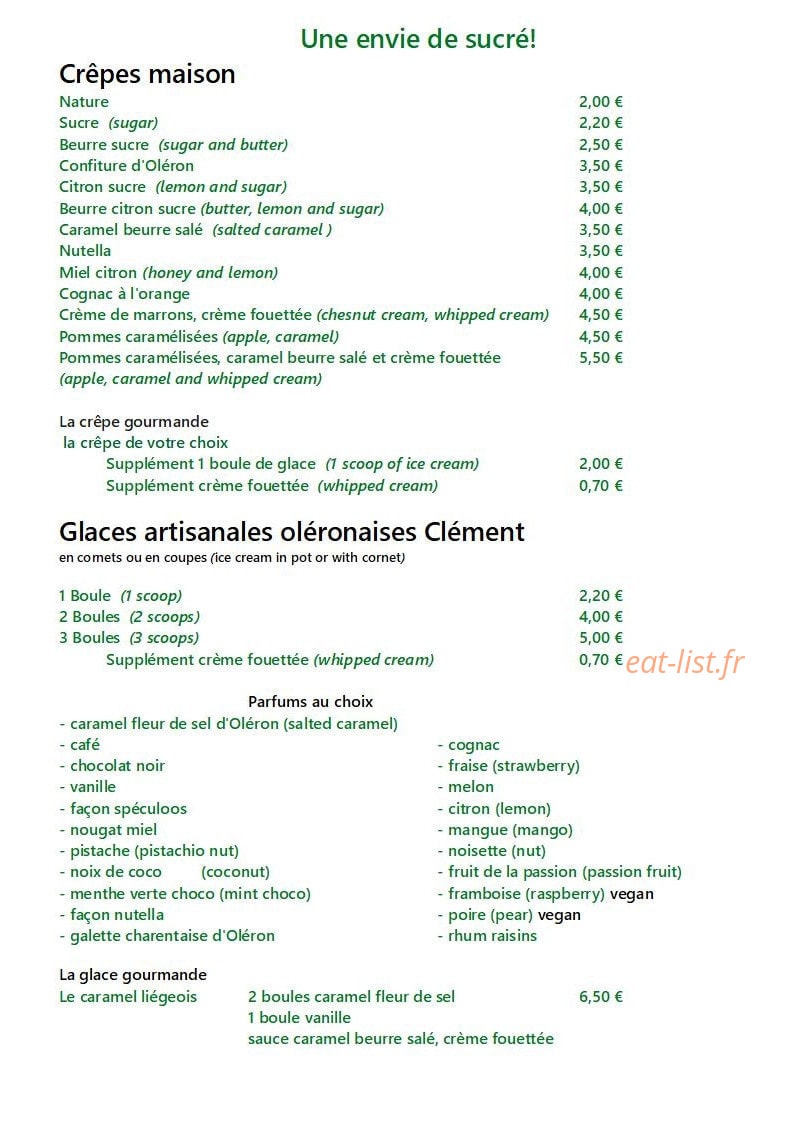 Carte et menu de La Langrotte à Le Grand Village Plage — Les crêpes maison, glaces artisanales, ...