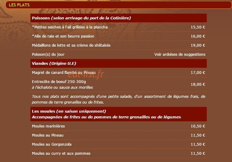 Carte et menu de Le Quemao à Le Grand Village Plage — Les plats