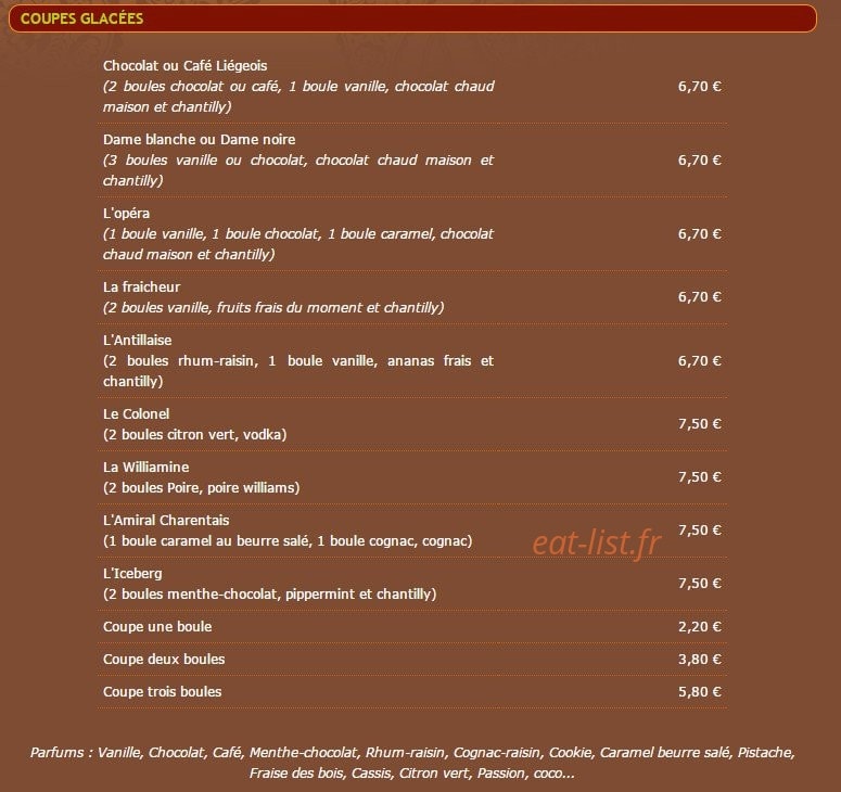 Carte et menu de Le Quemao à Le Grand Village Plage — Les glaces